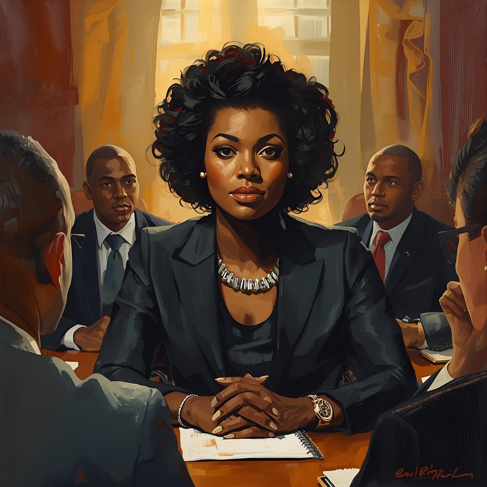 Illustrated portrait of a confident woman leading a boardroom meeting