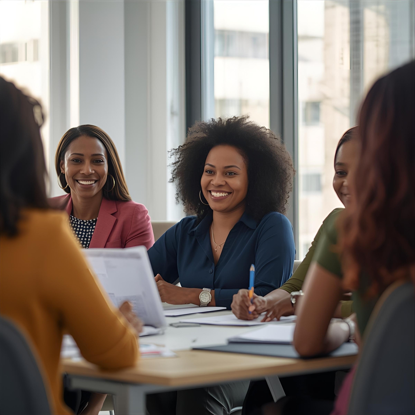 Women in a professional meeting around a boardroom table
